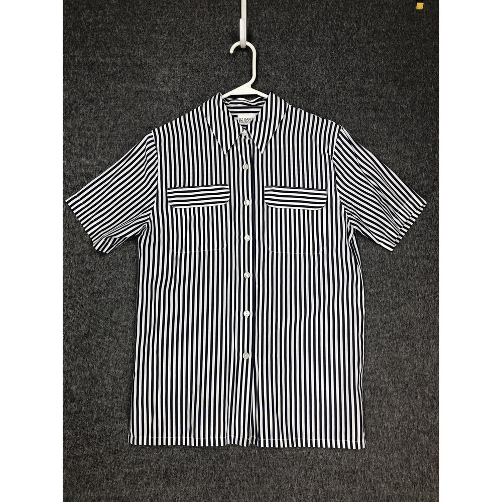 Liz Baker Essentials Womens Medium Navy & White Striped Short Sleeve Button Up